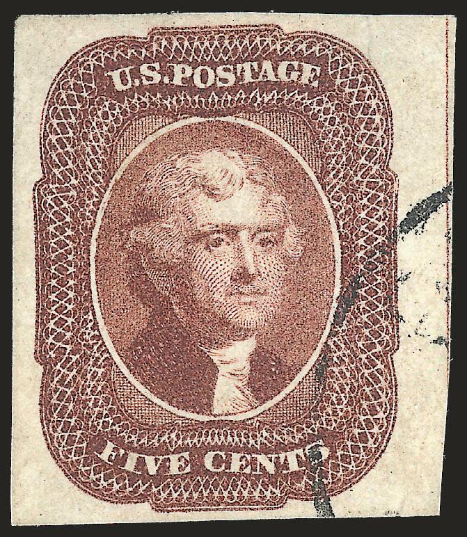 5c Red Brown (12).> Large to huge margins incl. <straddle-pane margin> at right with large part of guideline, bright color, face-free strike of circular datestamp<><>^EXTREMELY FINE GEM. A STUNNING SHEET-MARGIN
EXAMPLE OF THE 5-CENT 1856 ISSUE.^<>