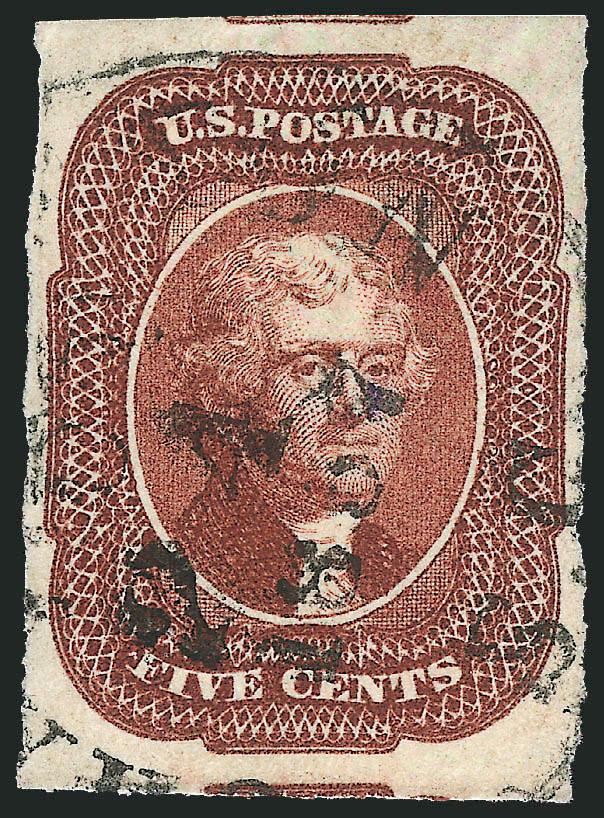 5c Red Brown (12).> Large margins showing parts of adjoining stamps at top and bottom, rich color, 1857 Charleston S.C. circular datestamp, Extremely Fine, with 2009 P.S.E. certificate (XF 90 Jumbo $1,000.00 as
90, $2,150.00 as 95)