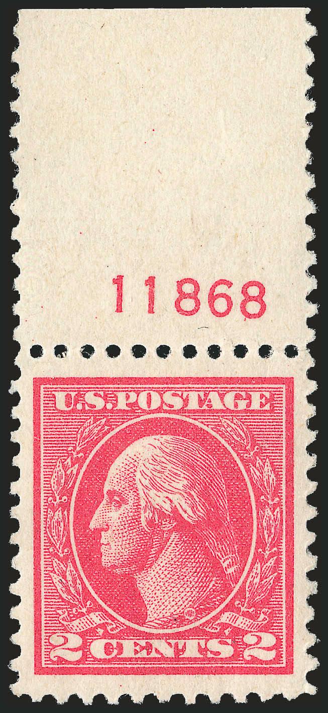 2c Carmine, Ty. Va (528).> Mint N.H. with top <plate no. 11868> selvage, gorgeous Jumbo margins and perfectly centered, lovely bright color, Extremely Fine Gem, with 2007 P.S.E. certificate (XF-Superb 95 Jumbo
SMQ $210.00 for 95, $660.00 for 98)
