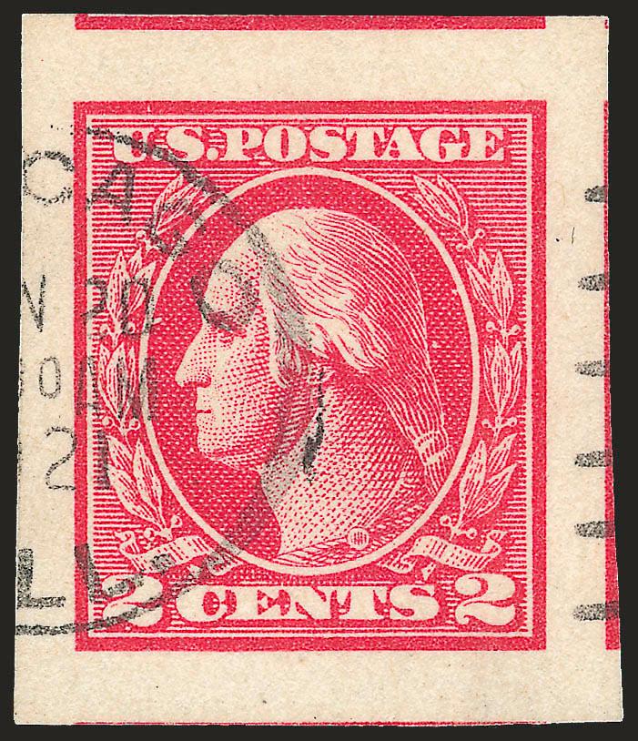 2c Carmine, Ty. V, Imperforate (533).> Enormous margins all around showing parts to traces of three adjoining stamps, lovely strong color on bright white paper, neat 1921 Chicago Ill. machine cancel, Extremely
Fine Gem, with 2009 P.S.E. certificate (
