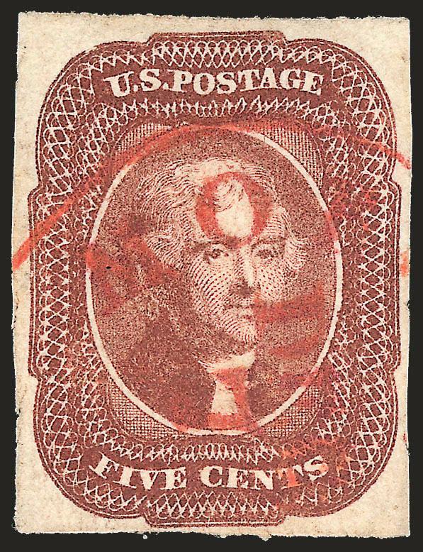 5c Red Brown (12).> Ample to huge margins, red Mobile Ala. circular datestamp, few small margin tears at left, Very Fine appearance