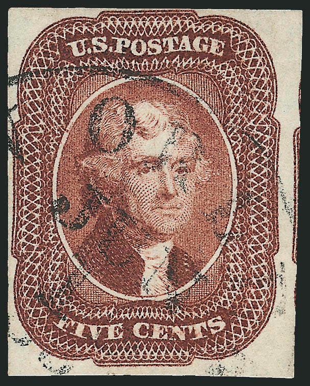 5c Red Brown (12).> Three ample to huge margins, clear at top, deep rich color, neat New Orleans circular datestamp, Fine and very attractive