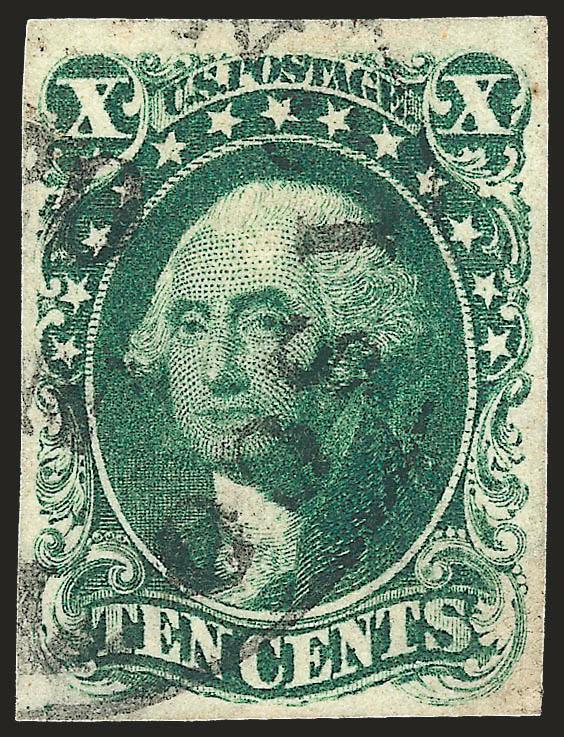 10c Green, Ty. I (13).> Full even margins, intense color, San Francisco circular datestamp, tiny corner crease, Very Fine appearance