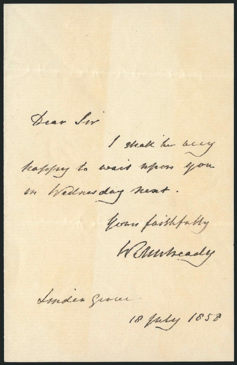 William Mulready.> Small autograph letter signed, reads <<Dear Sir, I shall be very happy to wait upon you on Wednesday next, Yours faithfully W. Mulready, London Grace 18 July 1858>>, Very Fine collateral item
for an exhibitor