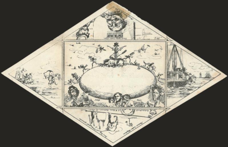 R. W. Humes Comic Envelope No. 1, Britannia Seated On An Egg.> State 2, unused envelope with all-over design, opened for display, some soiling partly from hinge repair, otherwise Very Fine