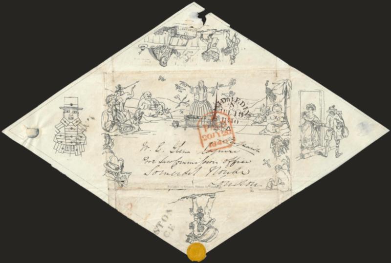 John Menzies Mulready Caricature.> State 1B with imprint in small print, on front and back of envelope, red Paid at Edinb. JUL 18, 1840 circular datestamp and addressed to London, red receiving datestamp,
opened for display, small tear on one flap