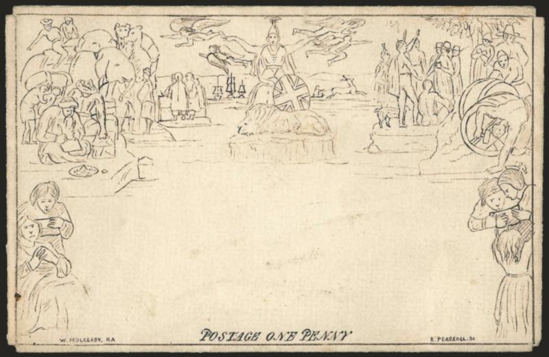 Pearsall Reproduction of Mulready.> Early hand-drawn reproduction which is similar to the original Mulready and without any caricatures, one noticeable difference is in the facial expressions of figures, unused
lettersheet, trivial edgewear, Very Fin