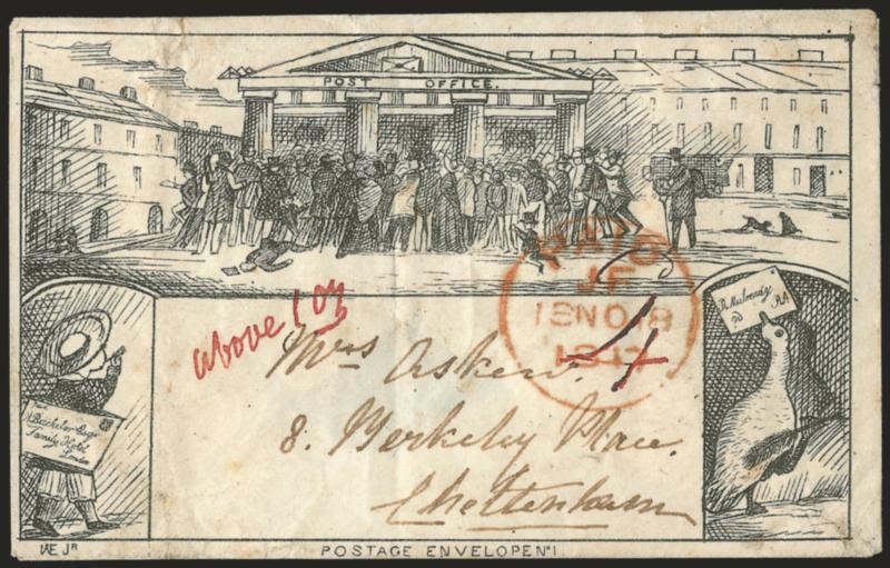 Postage Envelope No. 1.> With WE Jr initials at lower left, Type b without imprint at lower right, depicting a crowd outside of a post office at top and with two side panels depicting a boy with a letter and a
goose also with a letter, red Paid JF
