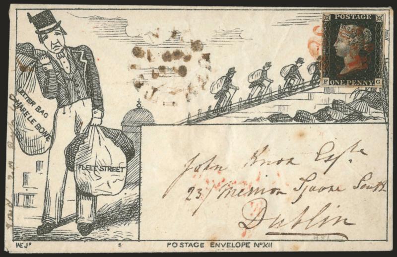 Postage Envelope No. XII.> With WE Jr initials at lower left, design depicting postmen ascending a hill with signpost (covered by stamp) for Rowland Hill, bearing <Great Britain 1p Black (1 SG 2),> FG, tied by
red Maltese Cross DE 30, 1840 backs
