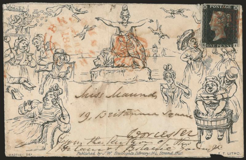 J. W. Southgate No. 2 Ladies School.> Used to Worchester, bearing <Great Britain 1p Black> (1 SG 2) tied by red Maltese Cross, matching Bromsgrove JU 2, 1841 circular datestamp, some wear incl. small piece out
at bottom right, otherwise Very Fin