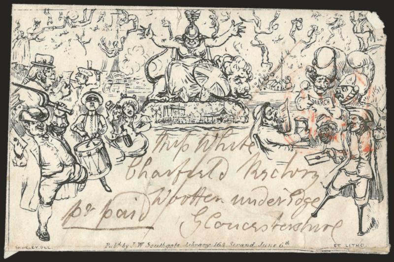 J. W. Southgates Envelope No. 3 , Peg Leg Sailor.> Depicting sailor with two peg legs at right and one with a peg leg at left which he is holding in his hand, indistinct 1840 red tombstone-style datestamp at
right and used to Gloucestershire, ms.
