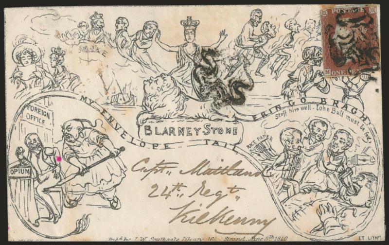 J. W. Southgate No. 4 Blarney-Stone.> Used with Great Britain 1p Red, Plate 5 (SG 7) tied by Maltese Cross, red London FE-25 1841 backstamp and addressed to <<Capt. Maitland, 24th Regt., Kilkenny>>, few light
age spots, small red ink mark at le