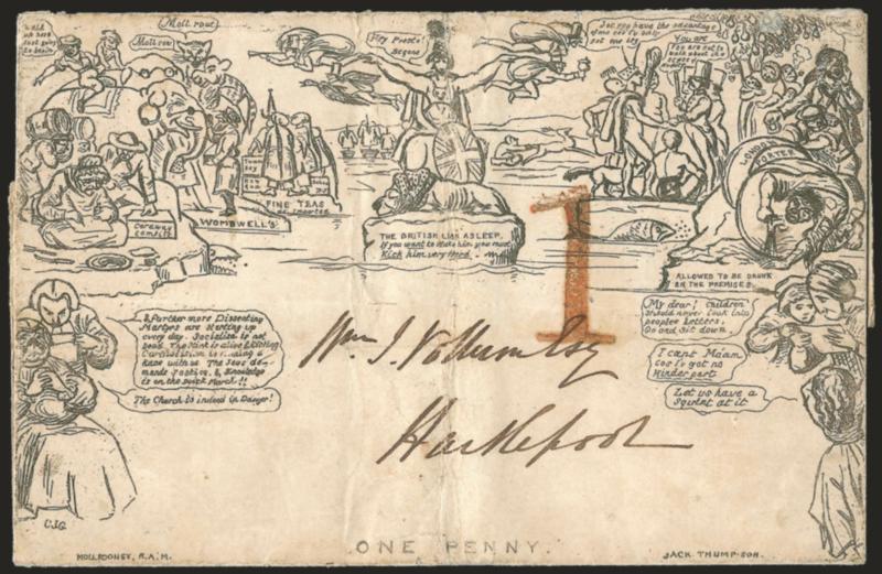 Thomas Whites New Post Office Envelope.> The small lettersheet with Whites imprint at right folded so as to appear on back, CJG designers initials at lower left, a Mulready parody filled with outrageous remarks
coming from the characters and c
