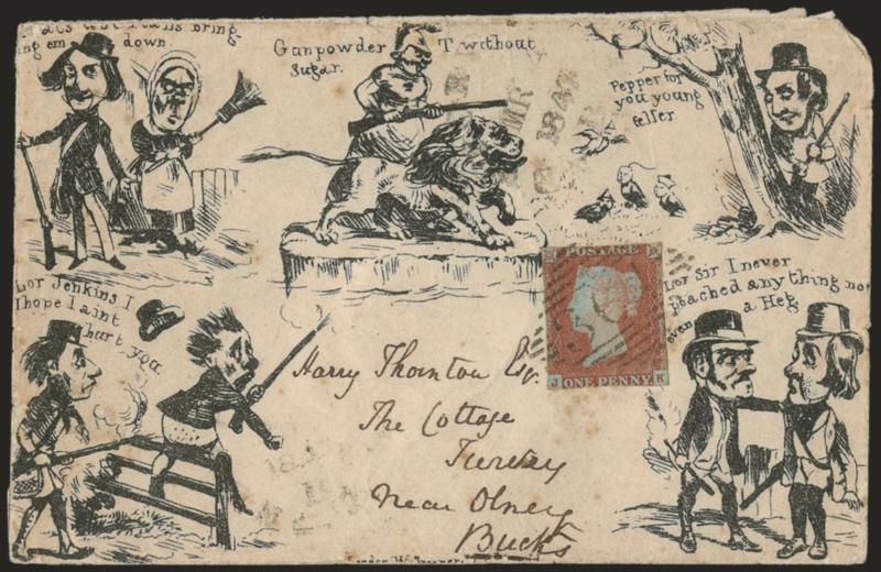 William Spooners Envelope No. 10.> Bearing Great Britain 1p Red on Bluish tied by numeral grid cancel, blue Newtown Stewart MR 2, 1847 backstamp to Olney, red receiving backstamp, some edgewear and soiling,
otherwise Very Fine, very scarce, ex Bod