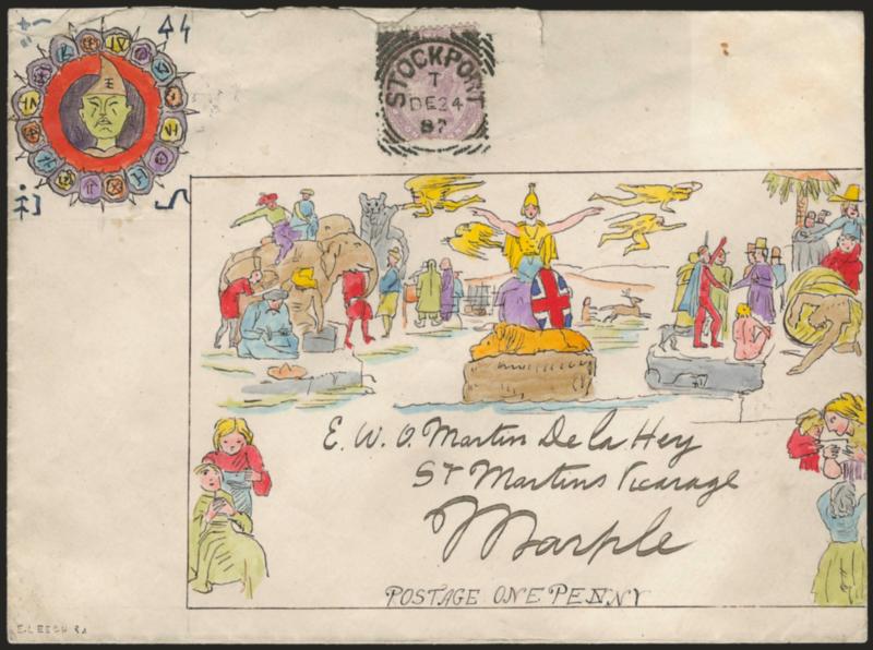 Mulready Tribute.> Hand-drawn and colored caricature, bearing Great Britain 1p stamp (defective) tied by Stockport DE 24, 1887 datestamp to Marple, also with additional unusual design at top left, blue
receiving backstamps, few edge tears at top, V
