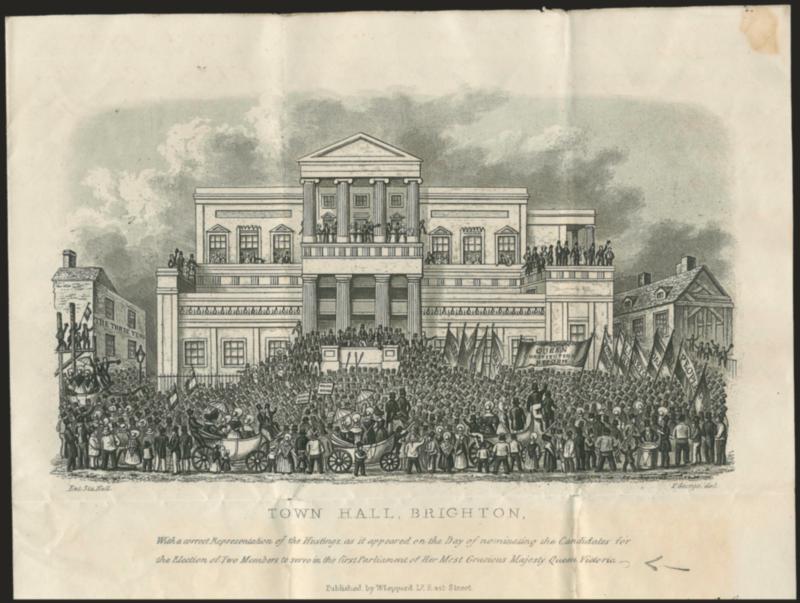 View.> Lettersheet of Town Hall, Brighton dated April 21 (1840), red Pd1 handstamp to London, minor soiling, Very Fine, wonderful political item