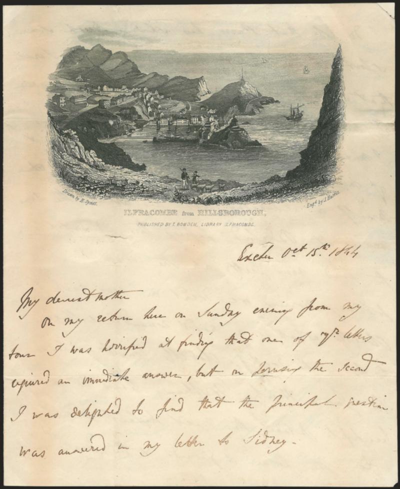 View.> Lettersheet titled Ilfracombe from Hillsborough bearing Great Britain 1p Red on Bluish tied by 285 in barred oval, to Denbigh in Wales, datelined Oct. 15, 1844, some slight toning, Very
Fine