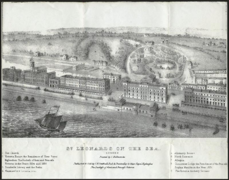View.> Illustrated lettersheet titled St. Leonards on the Sea, Sussex, bearing Great Britain 1p Red on Bluish tied by 682 in barred oval to Richmond in Surrey, 1844 usage, Very Fine, attractive detailed
design