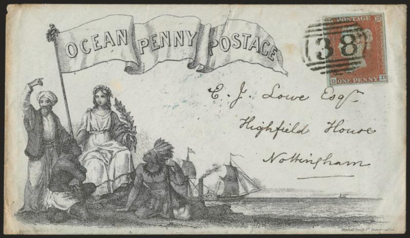Ocean Penny Postage.> League of Universal Brotherhood design with pink seal and imprint on back, State 1 on light gray paper, bearing 1p Red on Bluish tied by well-struck 38 in grid to Nottingham, neat
Aylesbury JA 20, 1852 origin and receiving b