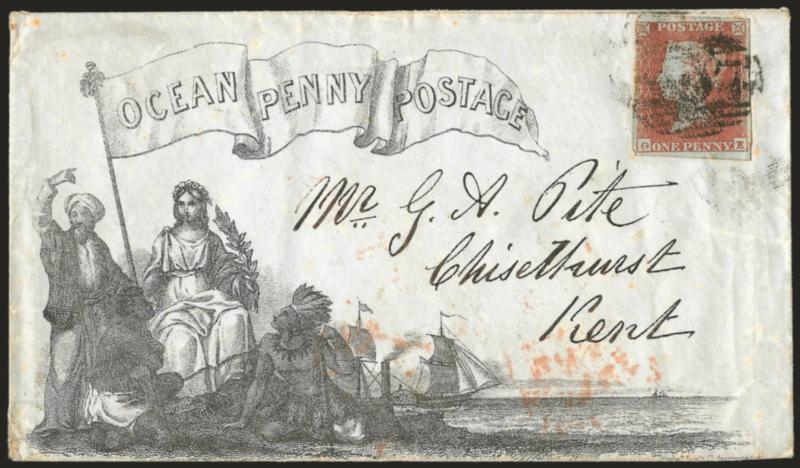 Ocean Penny Postage.> League of Universal Brotherhood, design, State 2 with imprint on top flap and pink seal, bearing Great Britain 1p Red on Bluish tied by barred oval handstamp to Kent, blue Woodbridge MY 20
1851 and transit backstamps, seal wit