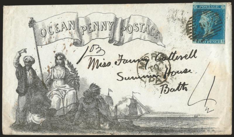 Ocean Penny Postage.> League of Universal Brotherhood design, State 2 with pink seal on back, bearing Great Britain 2p Blue tied by 10 in grid to Bath, 1851 origin and receiving backstamps, ms. 1oz and <More to
Pay> handstamp and with ms. 4 r