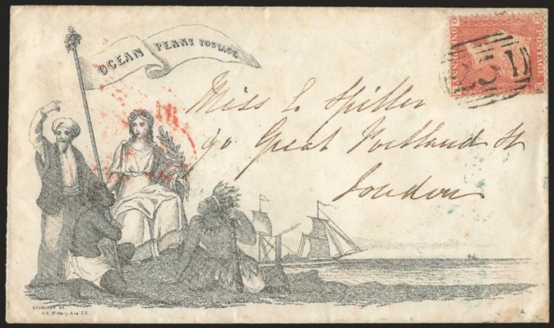 Ocean Penny Postage.> League of Universal Brotherhood design, <State 4> with much shorter banner and small lettering and Schrader imprint at lower left, bearing Great Britain 1p tied by 251 in barred oval
handstamp to London, blue St. Germans JU 5