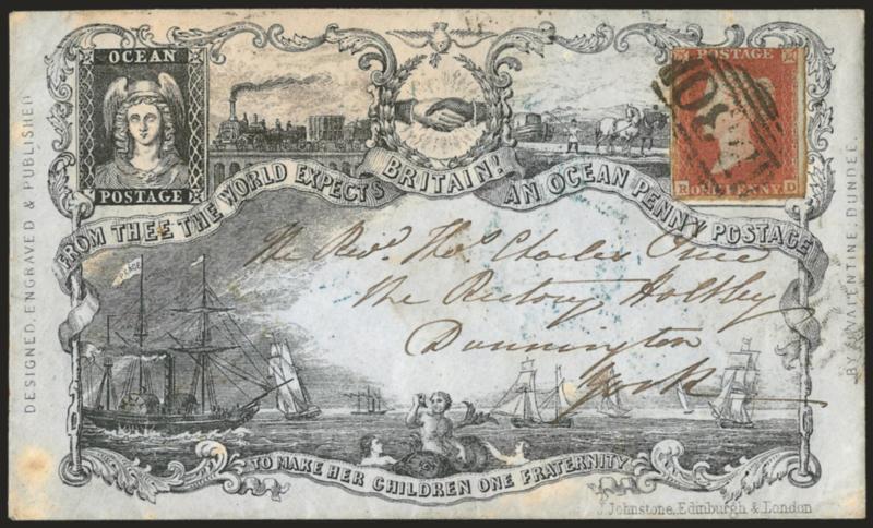 Ocean Penny Postage.> J. Valentine design, State 1 with Johnstone imprint and four vessels to right of Neptune, on blue paper, bearing Great Britain 1p Red on Bluish tied by numeral in barred oval to Dunnington
in York, indistinct origin but with cle