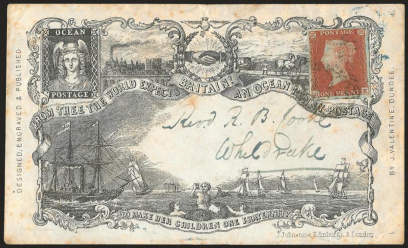 Ocean Penny Postage.> J. Valentine design, State 1 with Johnstone imprint and four vessels to right of Neptune, on white paper, bearing Great Britain 1p Red on Bluish tied by light strike of handstamp to
Wheldrake, blue York AP 11, 1850 backstamp,