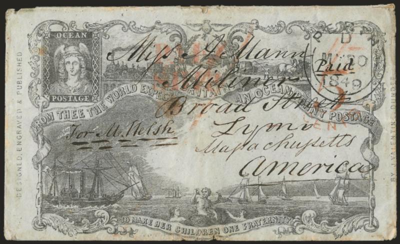 Ocean Penny Postage.> J. Valentine design, State 2a, neat Perth MY 20, 1849 circular datestamp and used <to Lynn, Mass.,> red PaidShip two-line handstamp, 1- red crayon rate and red 5 cents credit handstamp,
Liverpool backstamp, some edge w
