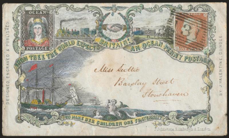 Ocean Penny Postage.> J. Valentine design, State 3, <hand-colored> throughout the design, bearing Great Britain 1p Red on Bluish tied by 131 in barred oval to Stonehaven, red Sep. 24, 1850 and receiving
backstamps, some age spotting and slight ed