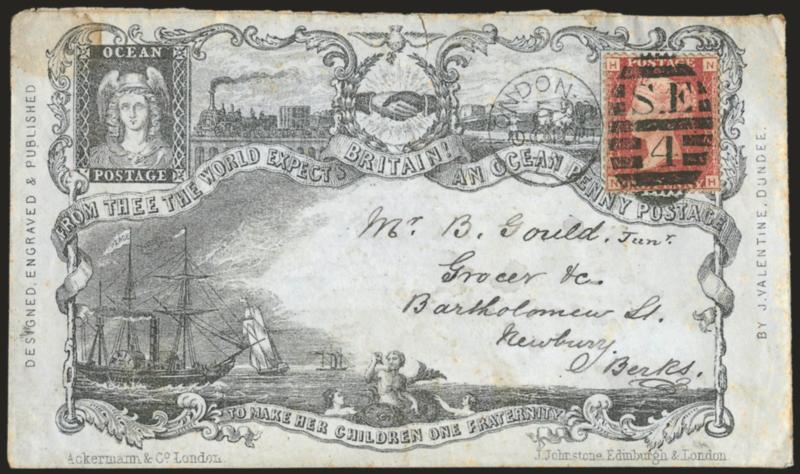 Ocean Penny Postage.> J. Valentine design, State 5 with Ackerman imprint added at lower left, bearing well-struck S.E. 4 in barred oval handstamp and also by London OC 10 77 circular datestamp to Newbury,
receiving backstamp, slight edgewear and
