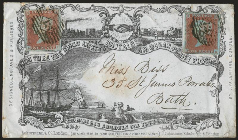 Ocean Penny Postage.> J. Valentine design, State 5a with Ackerman imprint at lower left, bearing two Great Britain 1p Red on Bluish tied by 13 numeral cancels to Bath, neat MY 21, 1851 and receiving backstamps,
minor edgewear and age spots, Very