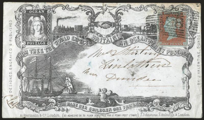 Ocean Penny Postage.> State 5a of James Valentines design with 25 adhesive or 30 plain sent free for 12 penny post stamps imprint at bottom, bearing Great Britain 1p Red on Bluish tied by 28 in large square
grid with 1852 Perth and receiving bac