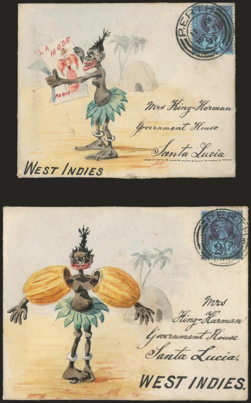 Paris Fashion.> Two covers: first depicts native (an awful racial stereotype) in grass skirt reading La Mode, Paris showing dress with puffy arms, bearing Great Britain 2-12p tied by Perth MR 8, 1898 circular
datestamp to St. Lucia, second sho