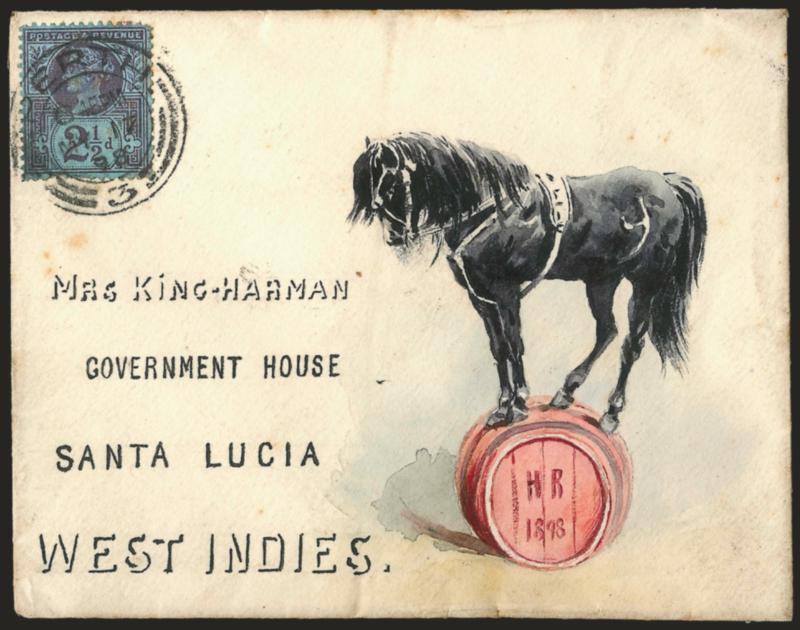 The Performing Pony.> Humorous depiction of a horse on a barrel, bearing Great Britain 2-12p tied by Perth MY 17, 1898 circular datestamp to St. Lucia, Very Fine, ex Giamporcaro