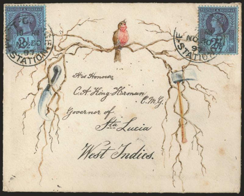 Songbird.> Singing bird on branches with knife and axe caught up, bearing two Great Britain 2-12p stamps tied by Fort-George Station NO 30, 1897 circular datestamps to St. Lucia, few minor age spots, Very
Fine