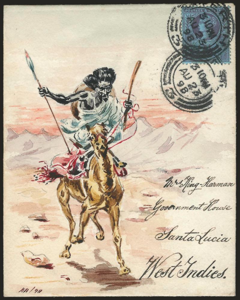 Warrior.> Depicting native warrior on a galloping horse with spear and sword, bearing Great Britain 2-12p tied by Perth AU 23, 1898 circular datestamp to St. Lucia, Very Fine