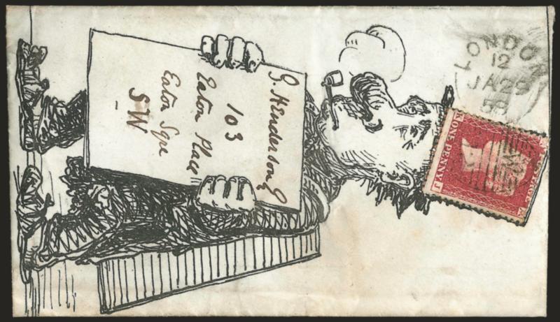 Signs.> Five covers and two fronts only, all hand-drawn, incl. six with either artists easel or other sign with address and one envelope on envelope, mostly with perforated 1p Red, one with illustrated
enclosure (mourning cover), some flaws, some Fi