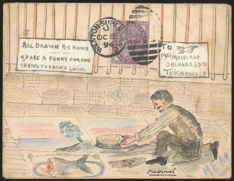 Spare a Penny for One Trying to Earn a Living.> Hand-drawn design depicting a man with his cap out, drawings and a fish (?), bearing Great Britain 1p tied by Weston Sure-Mare OC 8, 1894 duplex to Teignmouth,
Very Fine