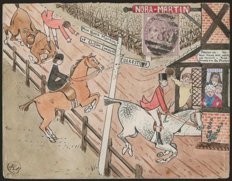 Steeplechase.> Colorful painting depicting three riders jumping a fence with one being thrown from the horse as townspeople look on, bearing Great Britain 1p stamp cancelled by barred oval and used to
Folkestone, 1882 backstamps, missing part of top