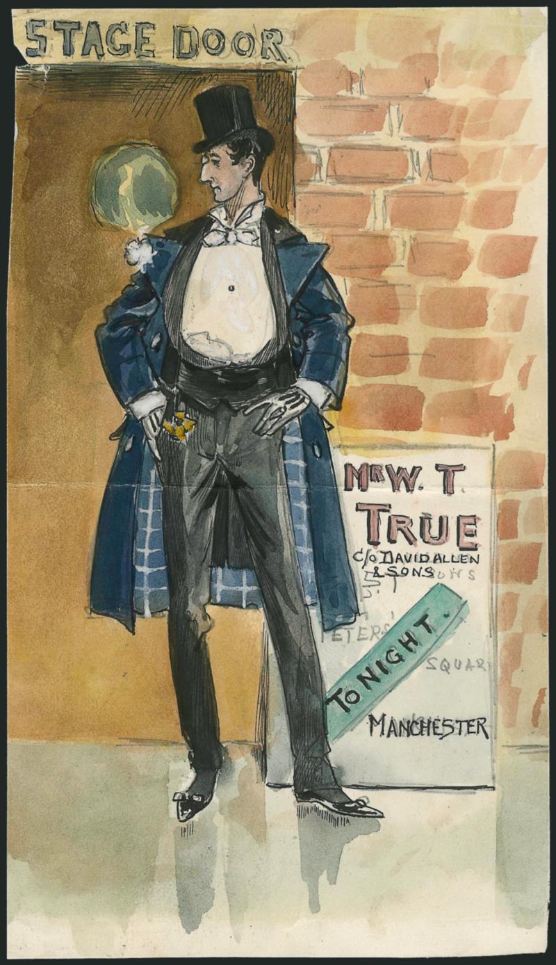 Theater.> Wonderful drawing on cover front only of formally dressed gentleman in front of the theater, addressed to Manchester, no postal markings, Very Fine