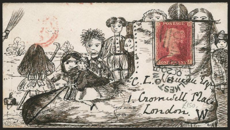 There Was an Old Woman Who Lived in a Shoe.> Charming hand-drawn design depicting the popular nursery rhyme, bearing Great Britain 1p Red tied by Folkestone OC 20, 1862 circular datestamp to London, Very Fine,
the earliest printed version of this r