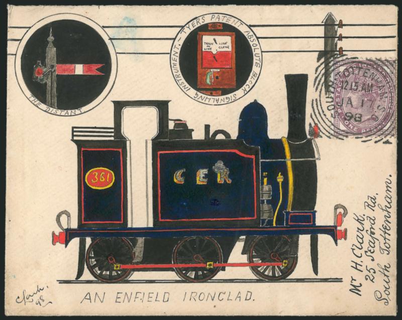 Train.> Hand-drawn design depicting The Enfield Ironclad and also two panels depicting signals, bearing Great Britain 1p tied by South Tottenham S.O. JA 17, 1898 datestamp and used locally, additional drawing
in back of tunnel and tracks, Very Fi