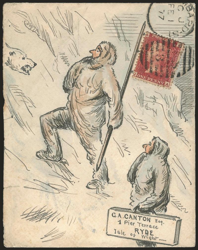 Unexpected Meeting.> Humorous hand-drawn design depicting two polar explorers climbing a mountain and encountering a polar bear, bearing Great Britain 1p Red incorporated into a flag and tied by Lombard St. FE
1, 1877 duplex to Ryde on Isle of Wigh