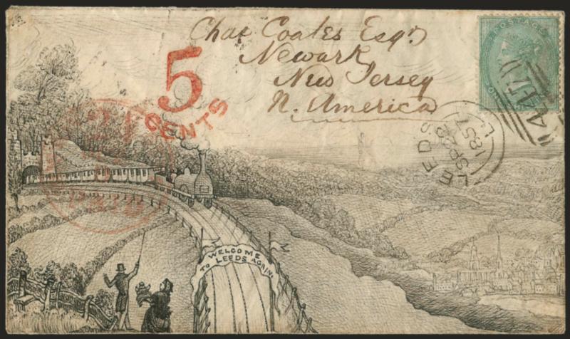 Welcome to Leeds Again.> Banner over railroad tracks on hand-drawn cover depicting countryside and views, initialled by artist at top left, bearing 1sh stamp tied by 477 in barred oval, Leeds SP 22, 1857
circular datestamp <to Newark, New Jersey,