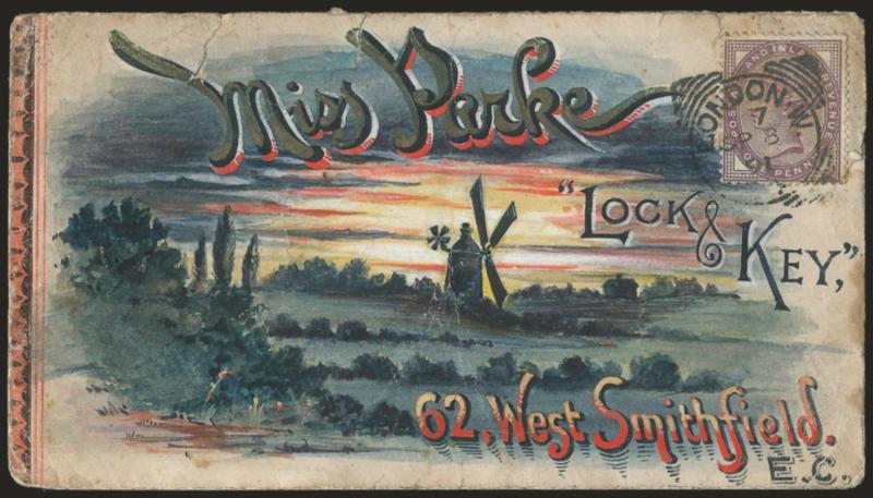 Windmill.> Elaborate hand-drawn design depicting a windmill at center and landscape fading into background, bearing Great Britain 1p tied by London W. SP 8, 1891 datestamp and used locally, red receiving
backstamp, some edge tears and edgewear, oth