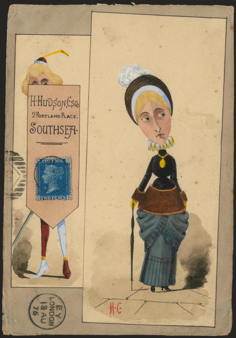 Woman and Squire.> Two-panel design on cover front only, bearing Great Britain 2p Blue tied by indistinct 1875 circular datestamp to Southsea, Very Fine