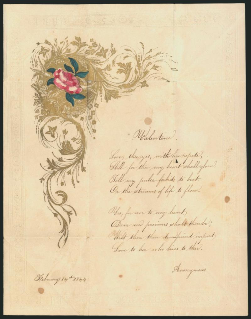 Valentine, 1844.> Lettersheet with hand-painted flower and verse, red Brooklyn N.Y. Feb. 14 circular datestamp and used within Brooklyn, matching 1 Cent handstamp, Very Fine