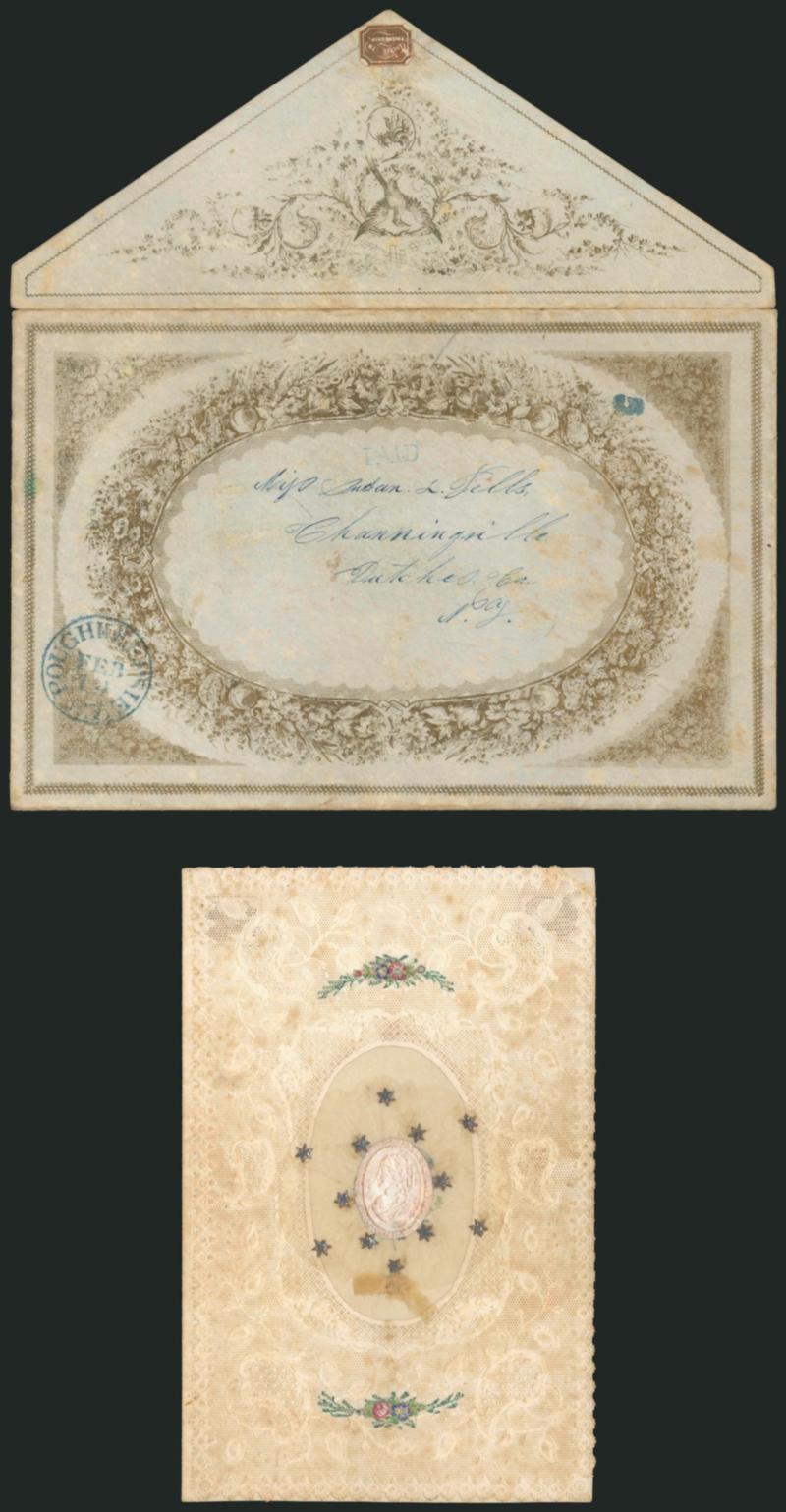 Valentine.> Embossed lace enclosure with central cameo, with original cover with Valentine design and blue Poughkeepsie N.Y. Feb. 14 circular datestamp with matching Paid and 5 handstamps to Channingville N.Y.,
some toning, otherwise Fine