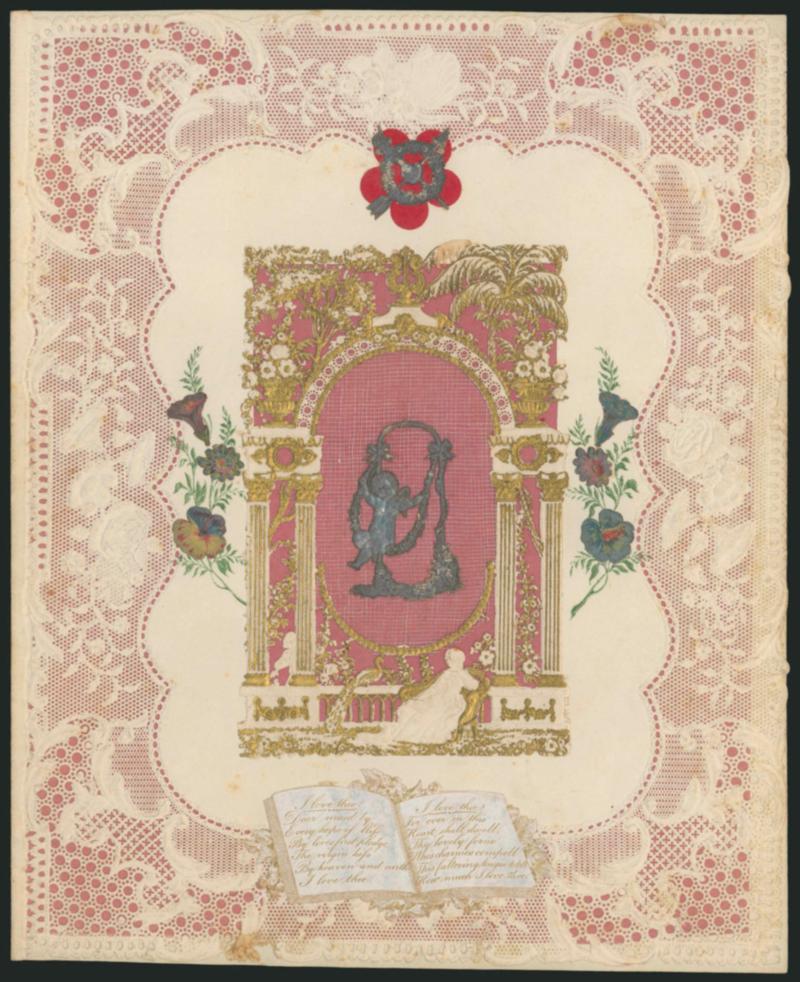 Valentine, c.1850.> Fantastic design produced by Esther Howland of Worcester Mass., with detailed lace which has George Kershaw & Son imprint, embossed and gilded center with John Windsor imprint, with original
enclosure which also has wonderful desi